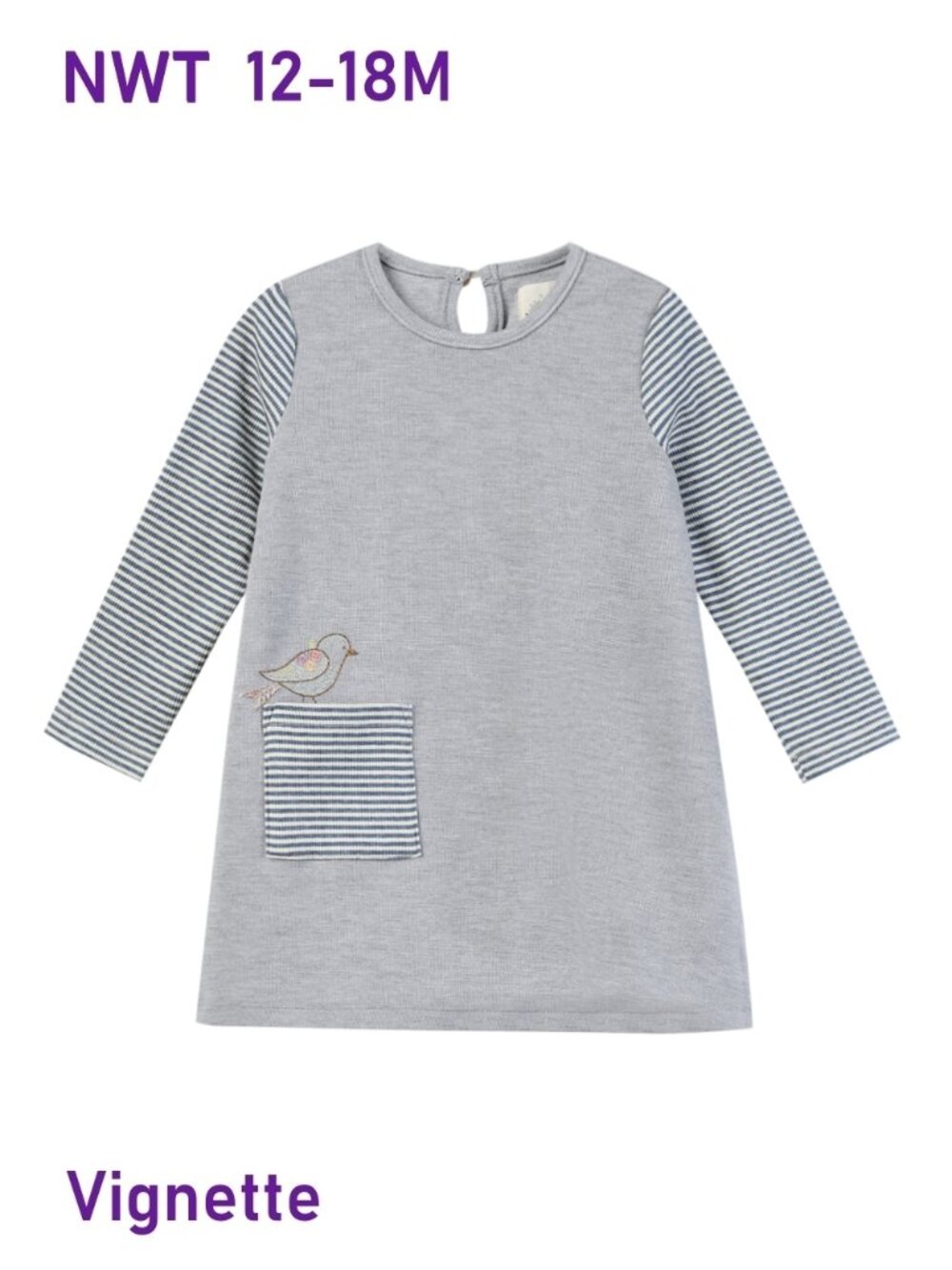 Vignette dress in grey w/ long sleeves in a blue-and-white striped - size 12-18M